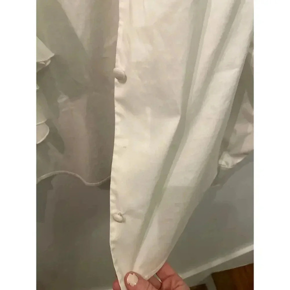 St. John White Tuxedo Front Ruffle Button Down Blouse, sz 6 - Picture 6 of 7